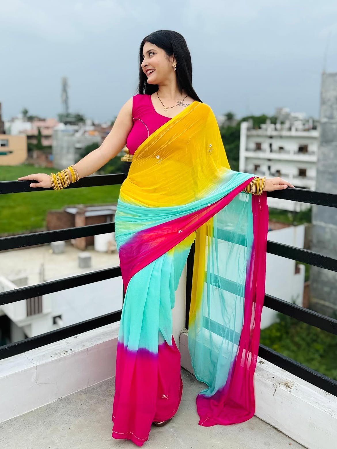 Multi Color Chiffon Saree with hand flower - Threads by Deepika