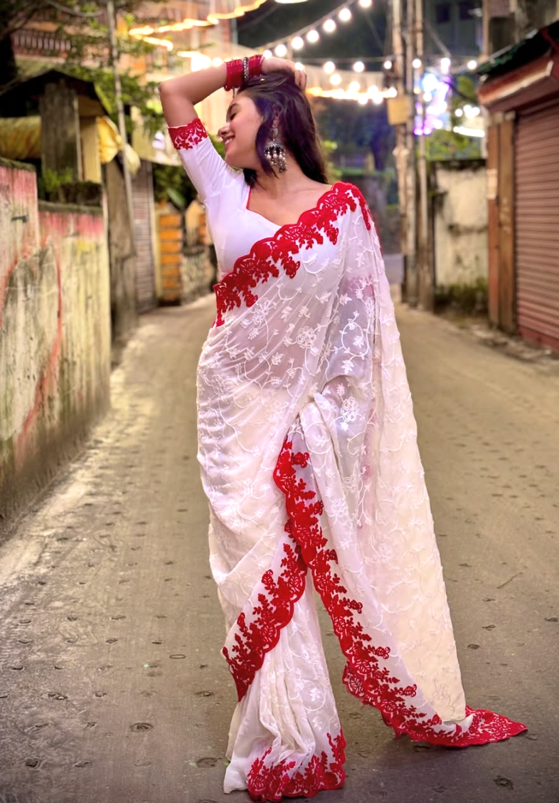Georgette Chikankari Saree with Red Cutwork Border - Threads by Deepika